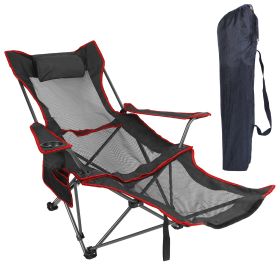 1Pc Foldable Camping Chair 330LBS Load Heavy Duty Steel Lawn Chair Collapsible Chair With Reclining Backrest Angle Cup Holder Pillow Side Pocket (Color: Black)