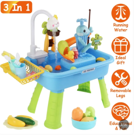 3 In 1 Kitchen Sink Toy With Electric Faucet Water Table Fishing Game Role Play Sink Set Indoor Outdoor For Kids Aged Years Old GPCT5464 (Color: Blue)