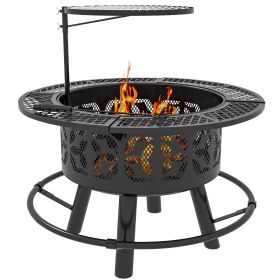 Outsunny 2-in-1 Fire Pit, BBQ Grill, 33" Portable Wood Burning Firepit with Adjustable Cooking Grate, Pan and Poker (Color: as Pic)